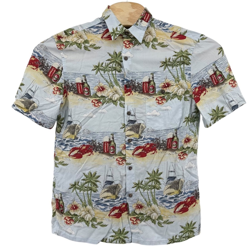 Island Shores Mens Small Hawaiian Tropical‎ Lobster Boat Beer Aloha Shirt